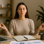 Mulher sentada em mesa de trabalho com olhos fechados em posição de meditação, representando controle emocional no empreendedorismo