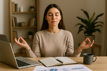 Mulher sentada em mesa de trabalho com olhos fechados em posição de meditação, representando controle emocional no empreendedorismo