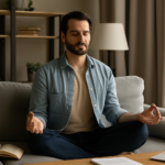 Homem sentado em posição de meditação no sofá, com olhos fechados e expressão serena, representando equilíbrio e desenvolvimento interior
