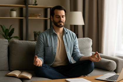Homem sentado em posição de meditação no sofá, com olhos fechados e expressão serena, representando equilíbrio e desenvolvimento interior
