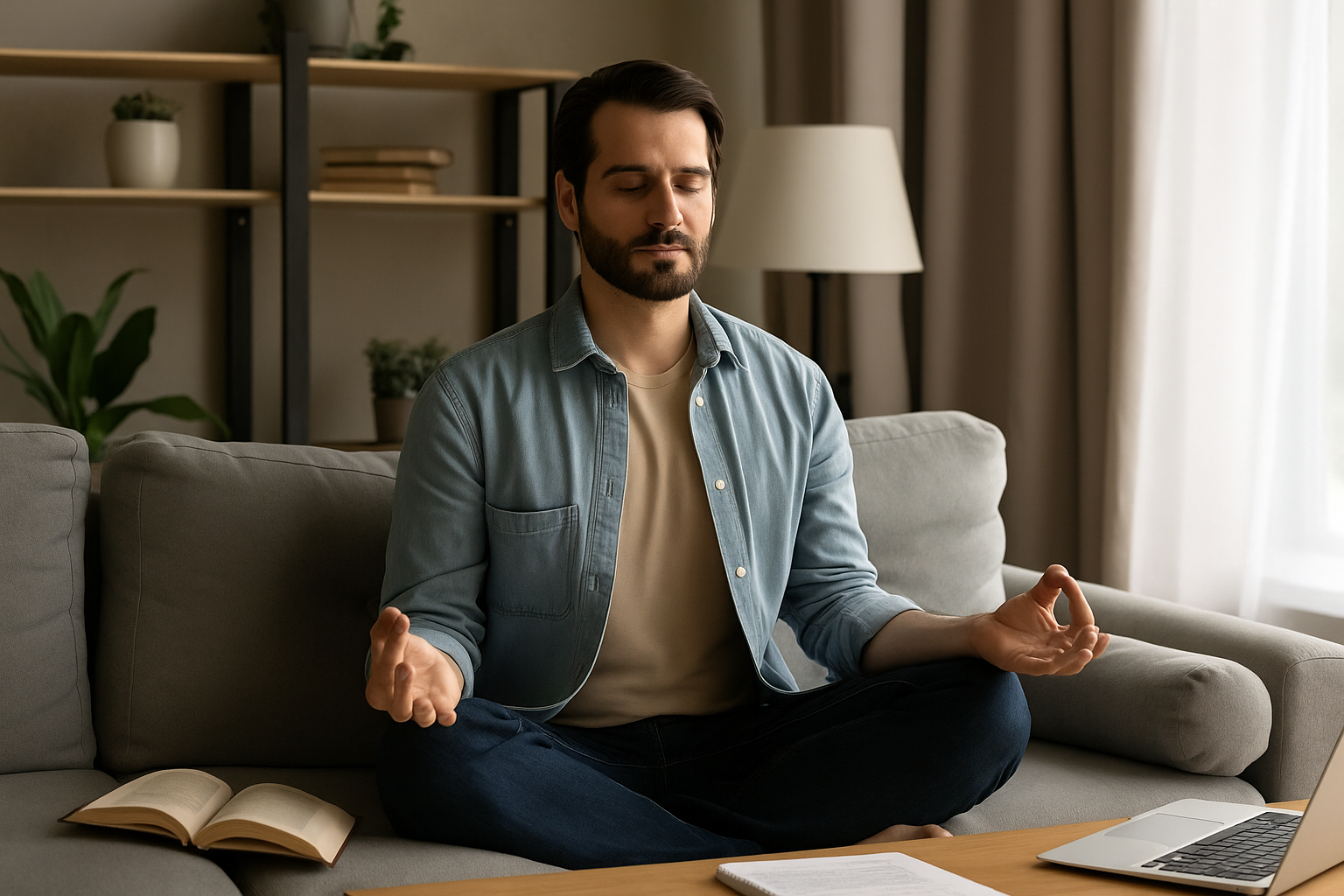 Homem sentado em posição de meditação no sofá, com olhos fechados e expressão serena, representando equilíbrio e desenvolvimento interior