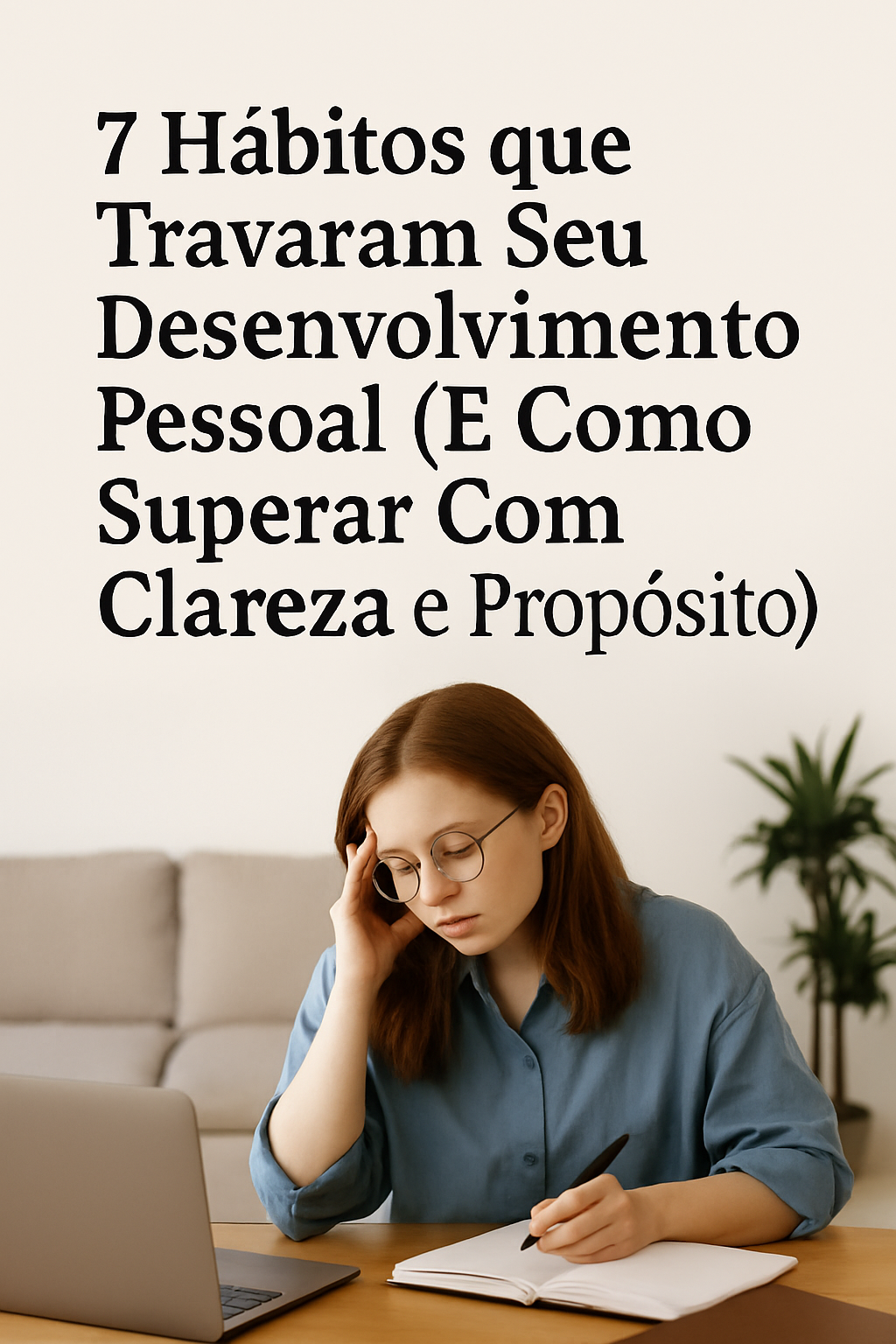 Mulher refletindo diante do notebook com expressão pensativa, simbolizando autoconhecimento e revisão de hábitos pessoais