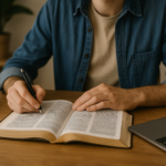 Pessoa estudando a Bíblia com foco e intenção em ambiente calmo, representando fé aplicada ao empreendedorismo