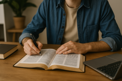 Pessoa estudando a Bíblia com foco e intenção em ambiente calmo, representando fé aplicada ao empreendedorismo