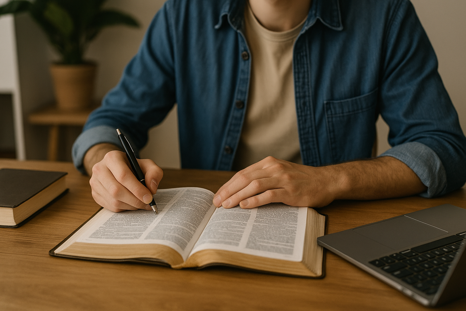 Pessoa estudando a Bíblia com foco e intenção em ambiente calmo, representando fé aplicada ao empreendedorismo