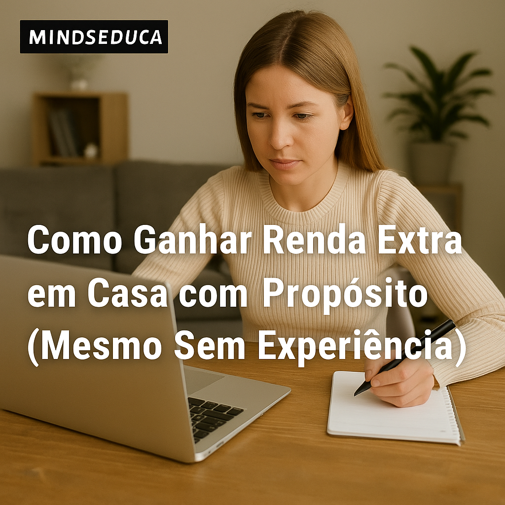 Mulher escrevendo em caderno enquanto trabalha em casa com laptop, simbolizando como ganhar renda extra com propósito mesmo sem experiência