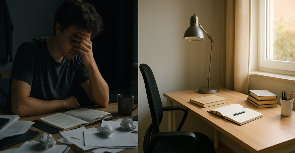 Comparação entre dois ambientes de estudo: um bagunçado e escuro, outro limpo e bem iluminado. Representa o impacto da organização e da iluminação na produtividade.