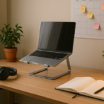 Cantinho de estudos organizado com escrivaninha, cadeira ergonômica, suporte para notebook, fones de ouvido e mural de tarefas. Ambiente iluminado com luz natural, ideal para foco e produtividade.