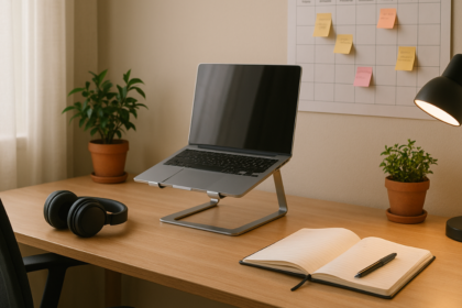 Cantinho de estudos organizado com escrivaninha, cadeira ergonômica, suporte para notebook, fones de ouvido e mural de tarefas. Ambiente iluminado com luz natural, ideal para foco e produtividade.