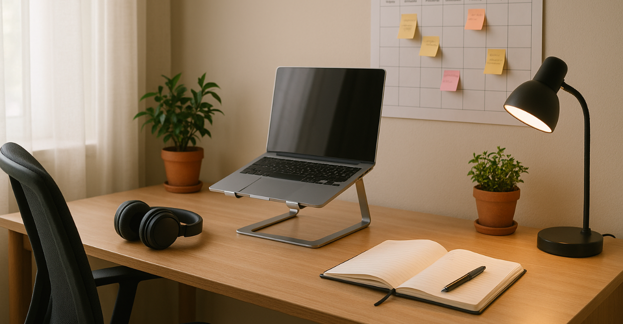 Cantinho de estudos organizado com escrivaninha, cadeira ergonômica, suporte para notebook, fones de ouvido e mural de tarefas. Ambiente iluminado com luz natural, ideal para foco e produtividade.