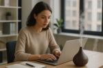 Mulher jovem e focada trabalhando em laptop em um escritório moderno, com um difusor de aromas ativo na mesa, emitindo vapor.