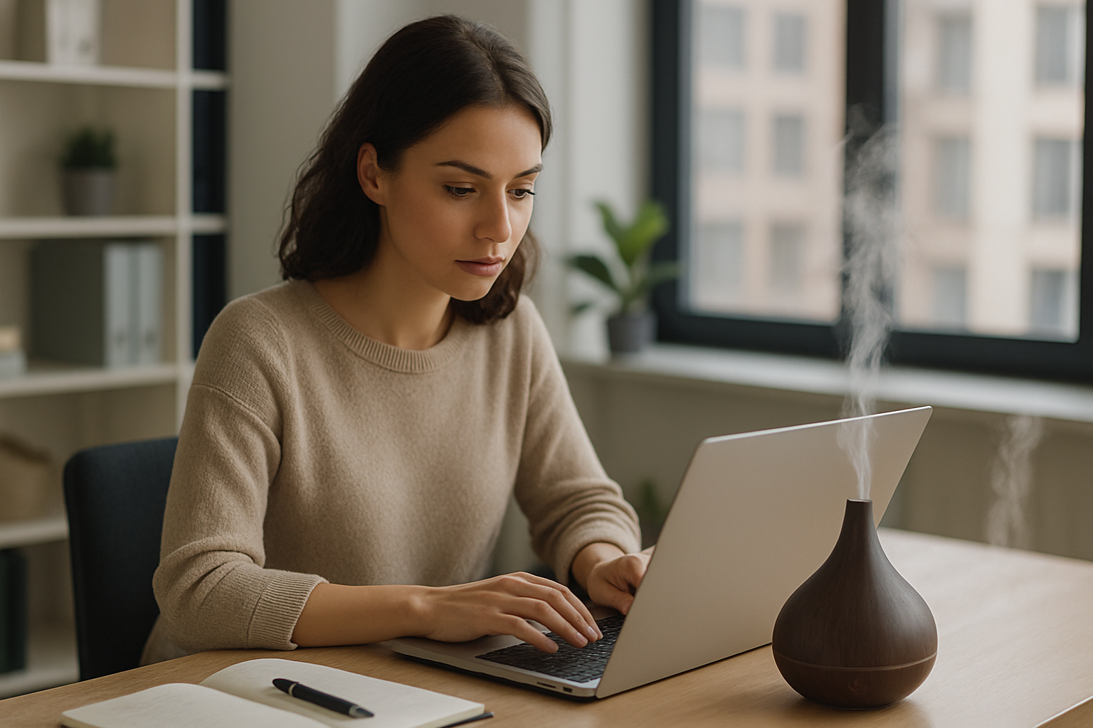 Mulher jovem e focada trabalhando em laptop em um escritório moderno, com um difusor de aromas ativo na mesa, emitindo vapor.