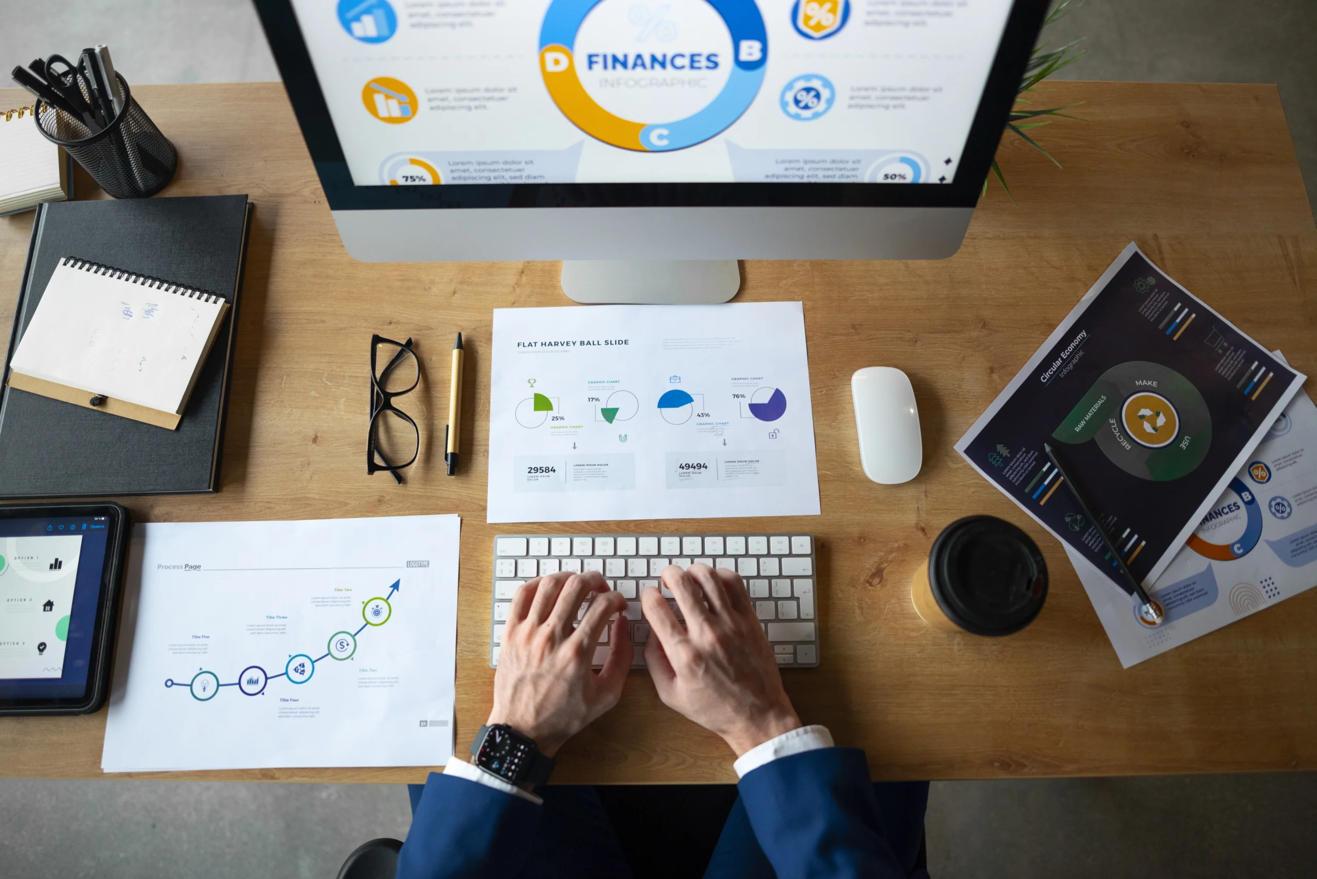 Empreendedor analisando dashboards financeiros no computador, com gráficos e planilhas sobre a mesa — gestão financeira inteligente para empreendedores.