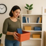 Local de trabalho organizado com luz natural, planta verde e objetos simples