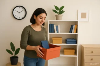 Local de trabalho organizado com luz natural, planta verde e objetos simples