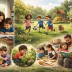 Aprendizado infantil no cotidiano: família ajudando nos estudos, crianças brincando ao ar livre e momentos de leitura em casa.