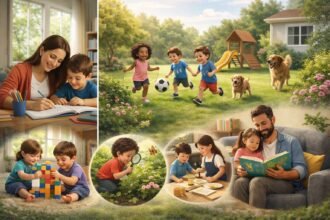 Aprendizado infantil no cotidiano: família ajudando nos estudos, crianças brincando ao ar livre e momentos de leitura em casa.