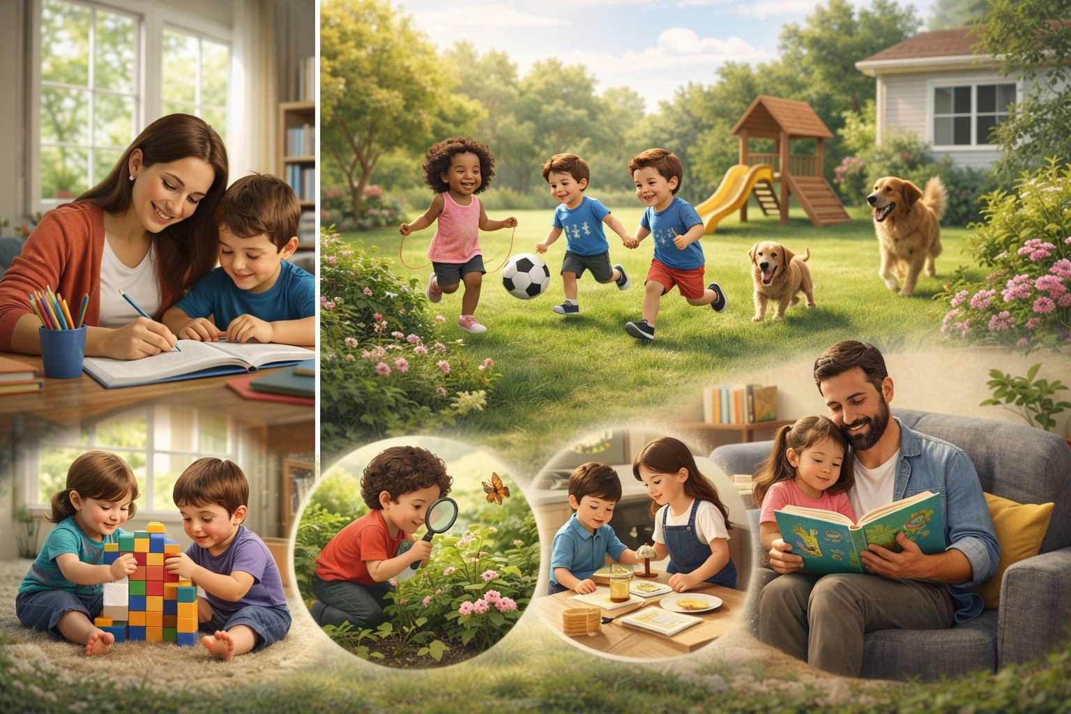 Aprendizado infantil no cotidiano: família ajudando nos estudos, crianças brincando ao ar livre e momentos de leitura em casa.