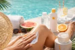 Mulher aplicando creme nas pernas à beira da piscina com produtos de cuidados e frutas ao redor, representando o autocuidado no verão.