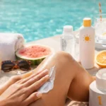 Mulher aplicando creme nas pernas à beira da piscina com produtos de cuidados e frutas ao redor, representando o autocuidado no verão.