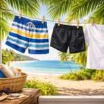 Cuidados pós-praia: sunga, bermuda e camiseta secando à sombra em varal ao lado de um janelão com vista para a praia.