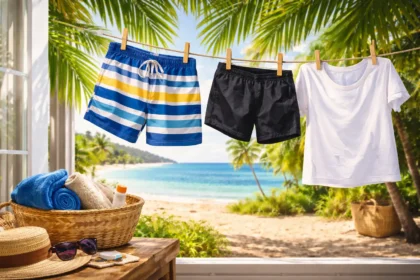 Cuidados pós-praia: sunga, bermuda e camiseta secando à sombra em varal ao lado de um janelão com vista para a praia.