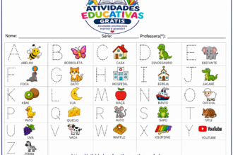 Alfabeto pontilhado completo de A a Z para imprimir com desenhos educativos como abelha, casa, elefante e navio, ideal para alfabetização infantil.