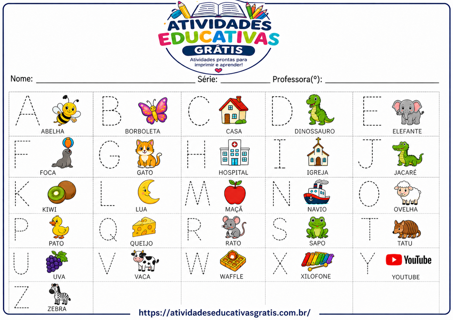 Alfabeto pontilhado completo de A a Z para imprimir com desenhos educativos como abelha, casa, elefante e navio, ideal para alfabetização infantil.