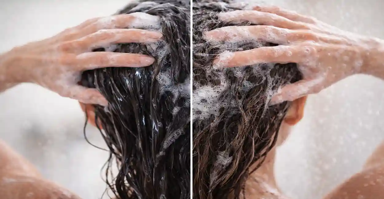 Pessoa lavando o cabelo com shampoo antirresíduo realizando limpeza profunda nos fios e couro cabeludo