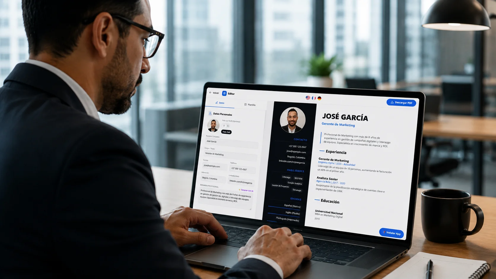 Persona creando una hoja de vida profesional online con inteligencia artificial.