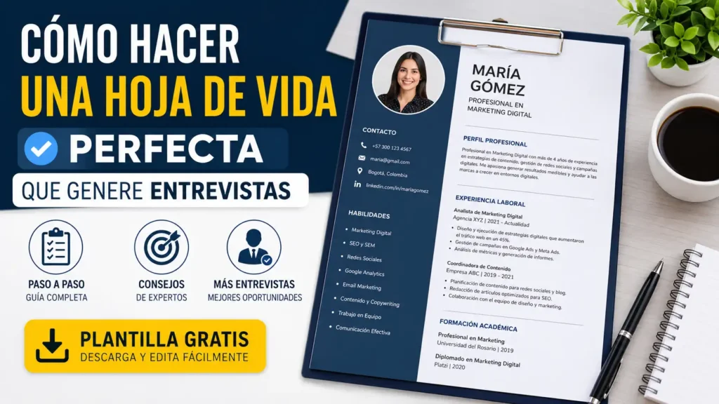 Guia visual em espanhol ensinando como criar uma hoja de vida perfeita que gere entrevistas, com modelo de currículo profissional, dicas de especialistas, exemplos de habilidades e opção de download gratuito da plantilla.