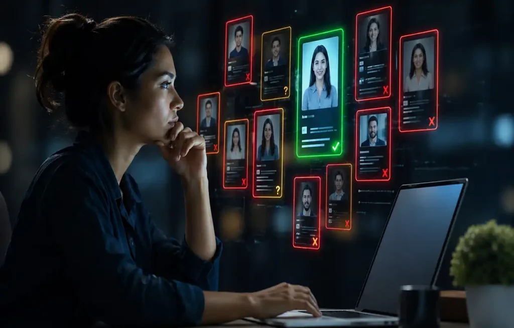Mujer analizando currículums mediante inteligencia artificial y sistema ATS en una computadora portátil durante un proceso de selección de candidatos.