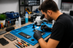 Técnico realizando manutenção em celular com microscópio e ferramentas de precisão em bancada organizada.