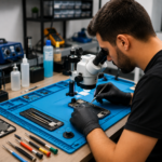 Técnico realizando manutenção em celular com microscópio e ferramentas de precisão em bancada organizada.