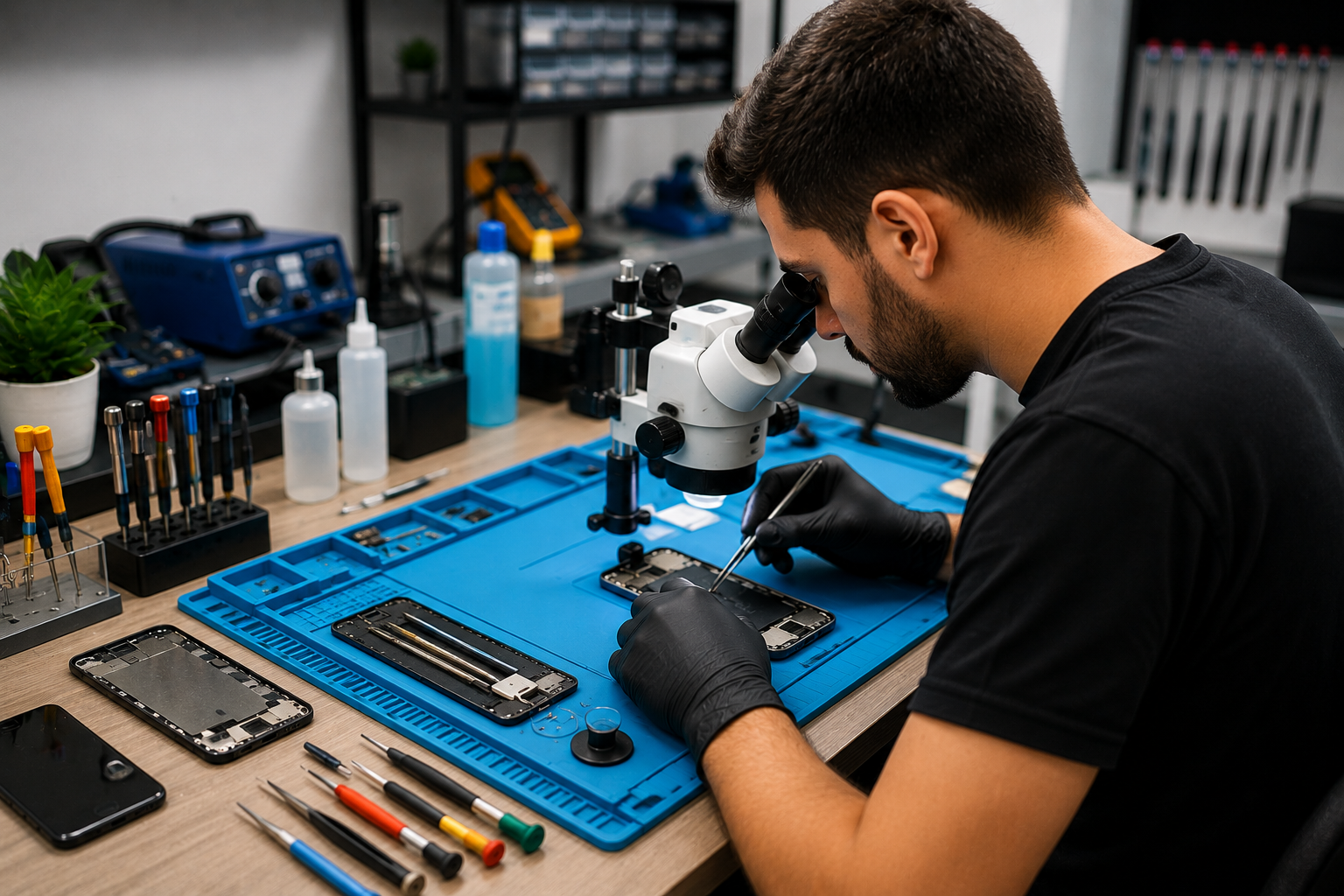 Técnico realizando manutenção em celular com microscópio e ferramentas de precisão em bancada organizada.