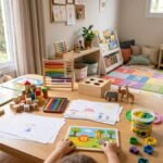 Livros infantis, blocos educativos e materiais de desenho em ambiente organizado