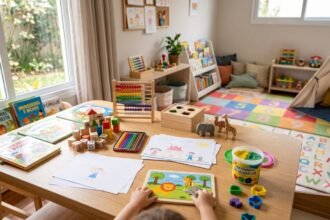 Livros infantis, blocos educativos e materiais de desenho em ambiente organizado