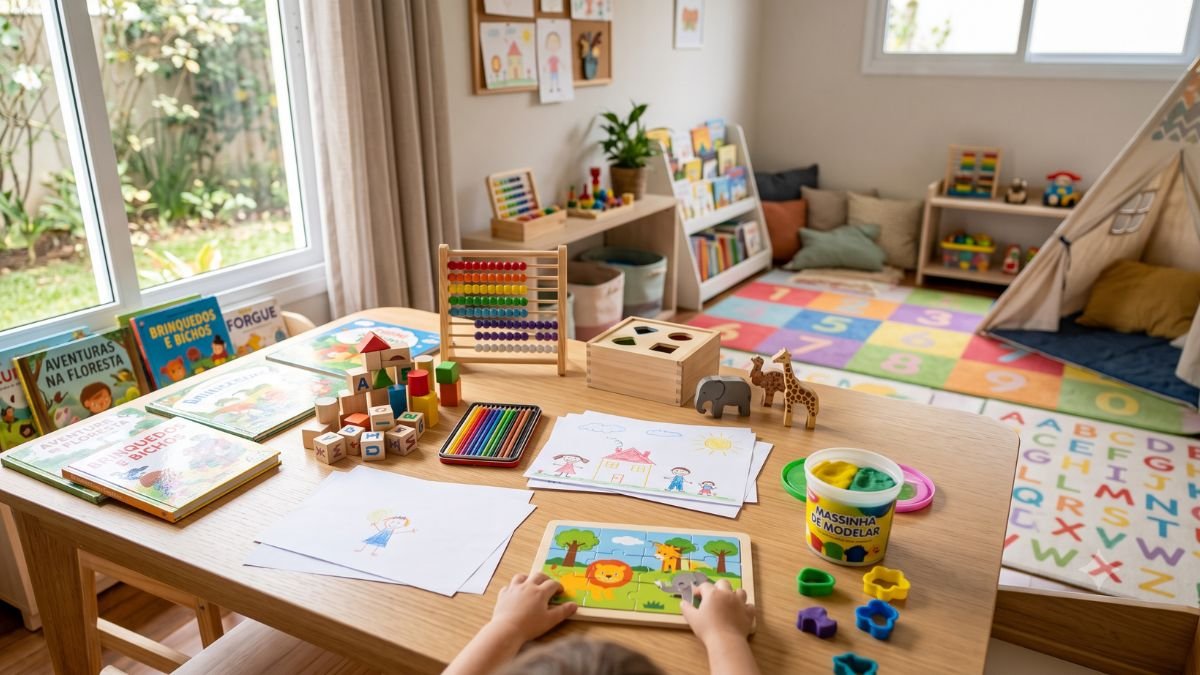 Livros infantis, blocos educativos e materiais de desenho em ambiente organizado
