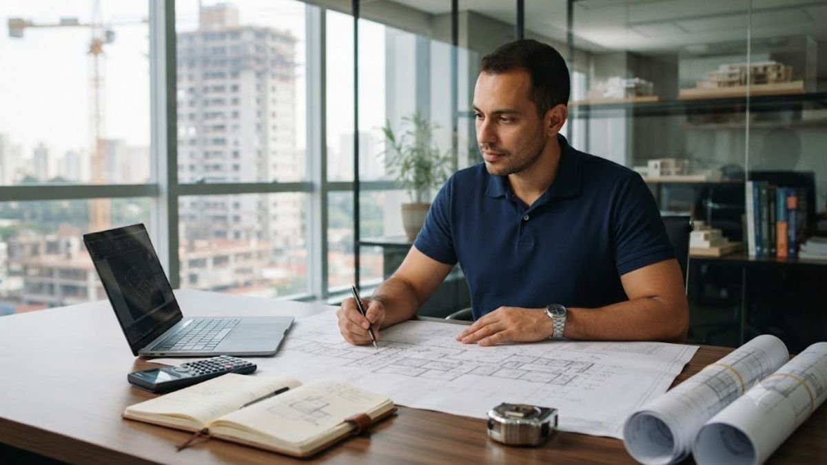Como empreender na engenharia com profissional analisando o planejamento de uma obra