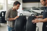 Como escolher pneu Michelin com motorista comparando modelos em uma loja de pneus