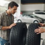 Como escolher pneu Michelin com motorista comparando modelos em uma loja de pneus