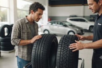 Como escolher pneu Michelin com motorista comparando modelos em uma loja de pneus