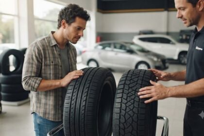 Como escolher pneu Michelin com motorista comparando modelos em uma loja de pneus