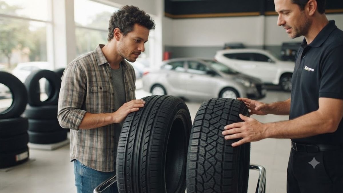 Como escolher pneu Michelin com motorista comparando modelos em uma loja de pneus