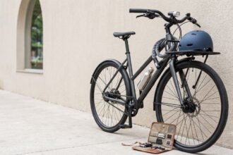 Bicicleta urbana com capacete, cadeado e acessórios sobre fundo claro