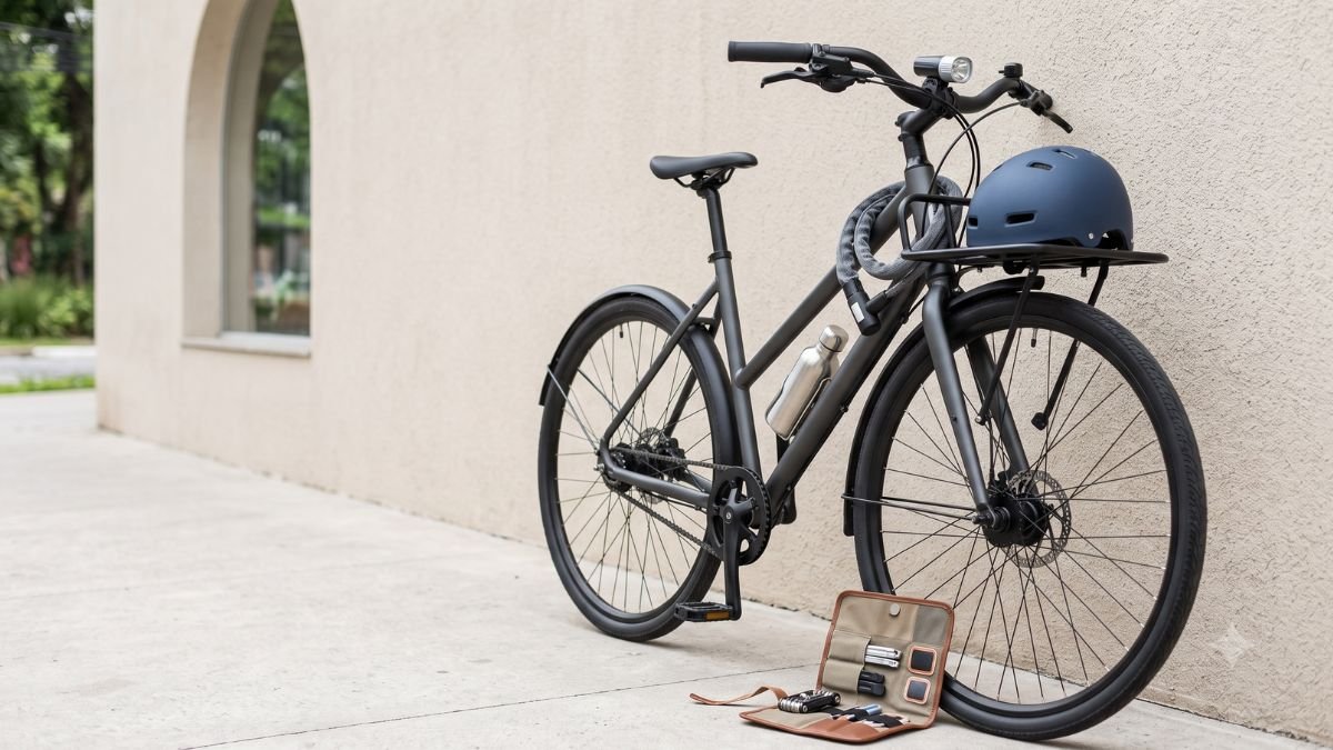 Bicicleta urbana com capacete, cadeado e acessórios sobre fundo claro