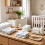 Produtos essenciais para bebê organizados em quarto infantil sem presença de pessoas
