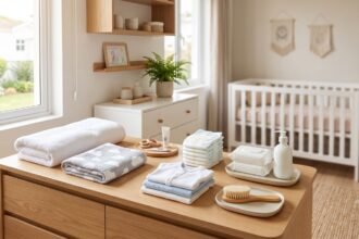 Produtos essenciais para bebê organizados em quarto infantil sem presença de pessoas