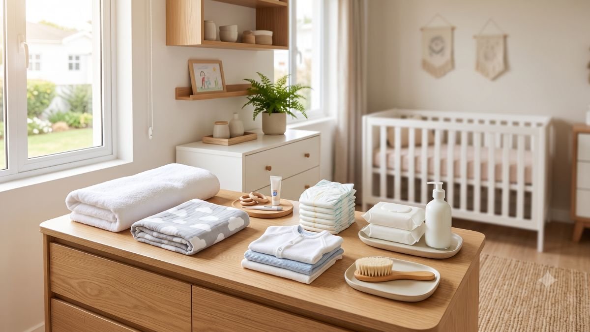 Produtos essenciais para bebê organizados em quarto infantil sem presença de pessoas