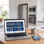 Pessoa acompanhando portais de tecnologia em notebook sobre mesa organizada